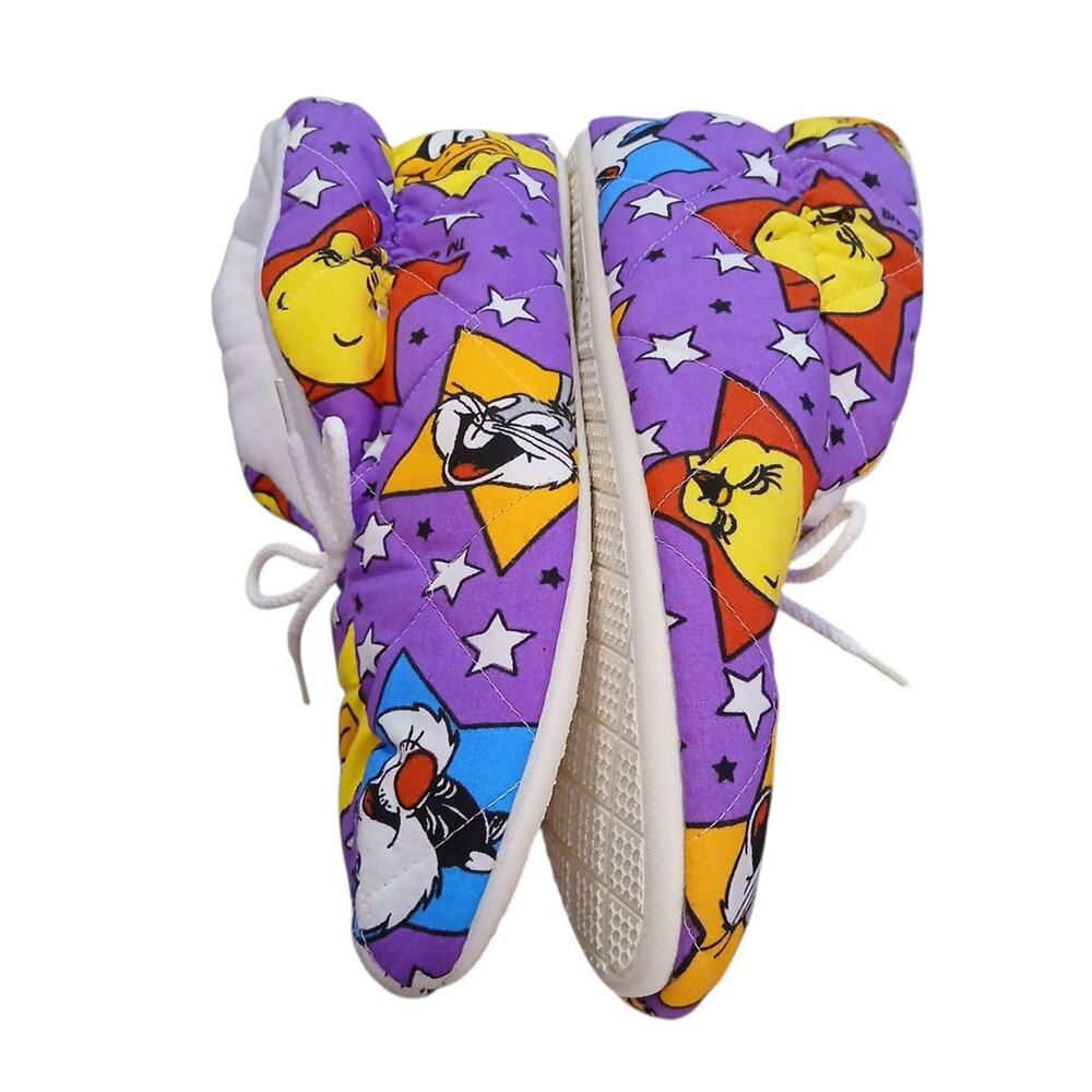 Vtg Looney Tunes Warner Bros Quilted Purple Slippers Shoes Bugs Tweety Daffy XL - Picture 6 of 9